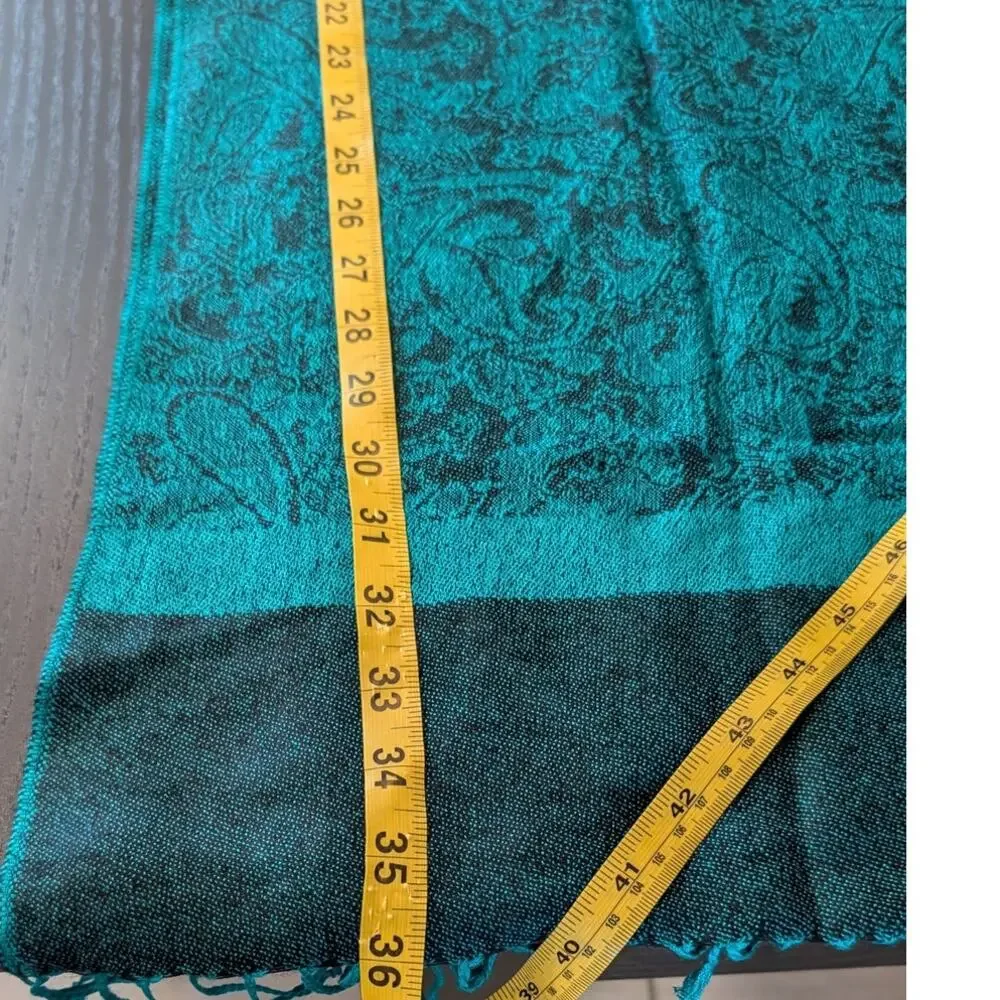 70% Pashmina 30% Silk Green Teal Black Paisley Shawl Wrap Fringe Scarf